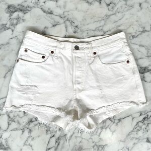 Levi’s woman’s 501 denim cut off shorts button fly distressed white size 27